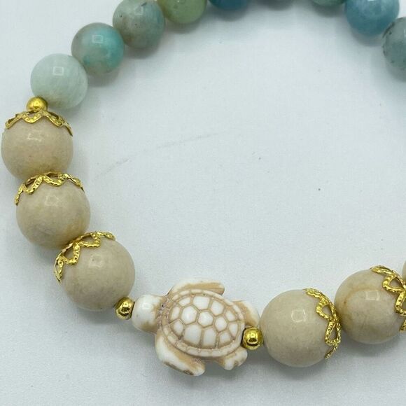 Crystal beaded stretch bracelet ONE NEW white jade turtle Amazonite meditation y - Picture 3 of 9